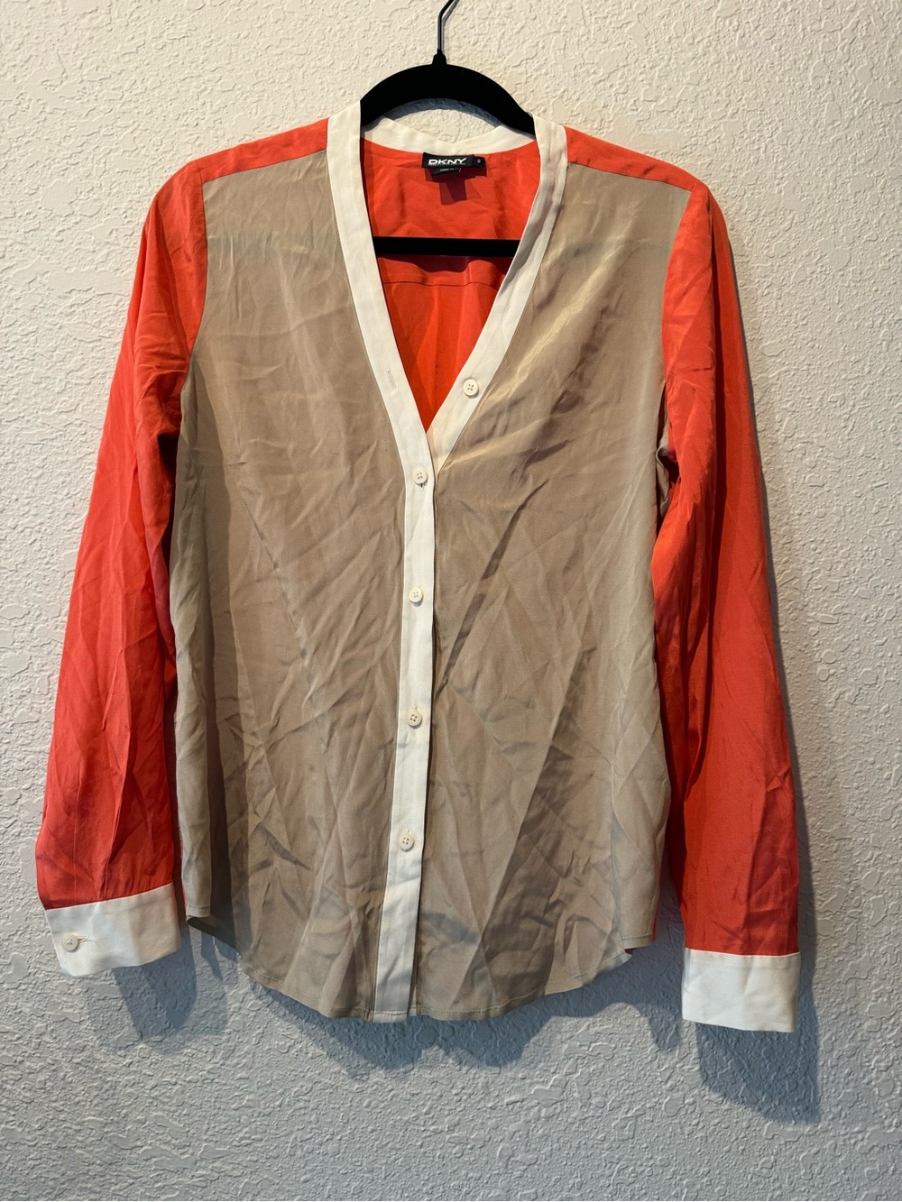 Y2K DKNY Coral Sleeve Beige Panel Button-Front Blouse with White Trim